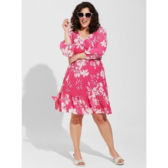 Torrid Mini Clip Dot Voluminous Babydoll Dress Pink Pocket Womens Plus Size 2 2X - Picture 1 of 15